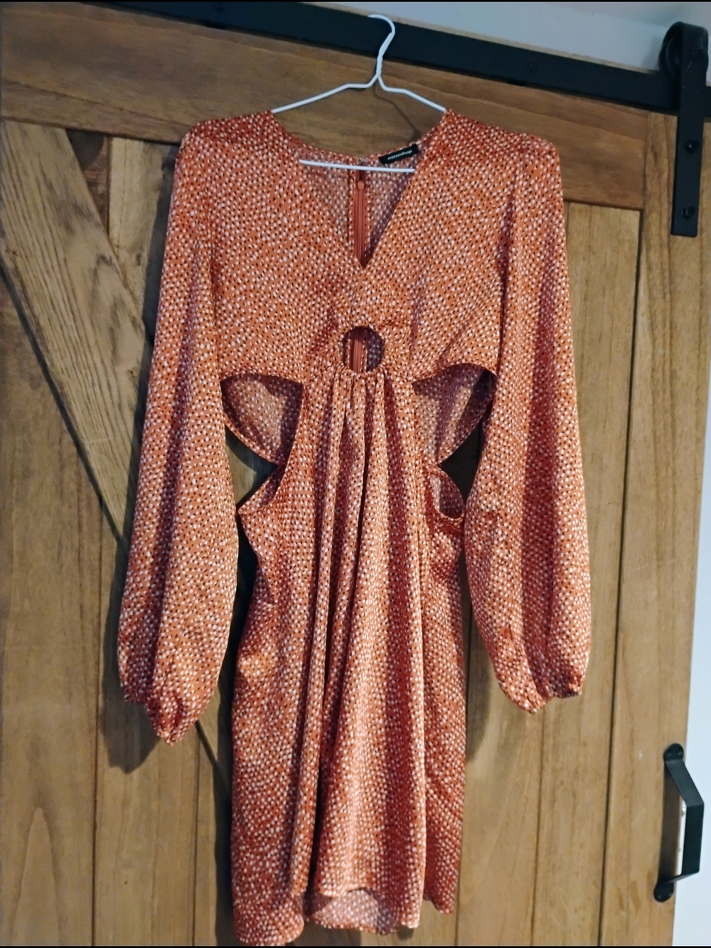 mittoshop Burnt Orange Polka Dot Long Sleeve Cutout Dress